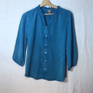 Chico's Size 1 Dark Turquoise Faux Button Up Shirt Ruffled Neck